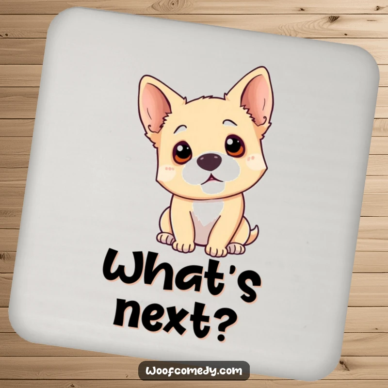 Funny dog head tilt drink coaster featuring a stylized representation of a dog tilting its head inquisitively, ears perked.