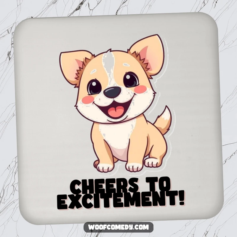 Funny coaster art of an excited dog with a wagging tail, adding joyful energy to any surface.