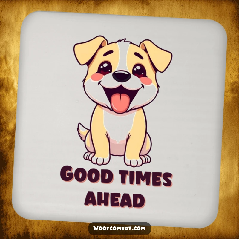 Funny drink coaster featuring an excited dog panting happily with its tongue out, protecting surfaces with canine joy.