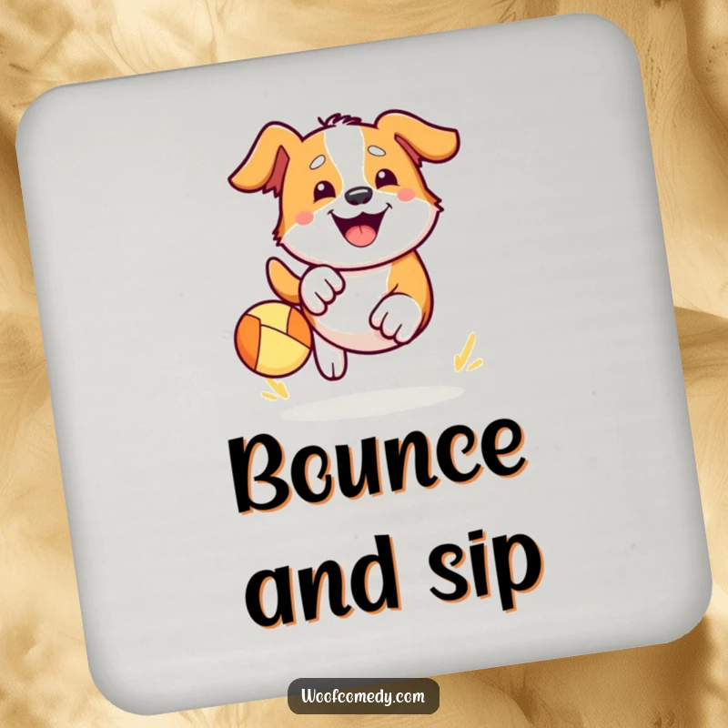 Funny Kawaii dog coaster showing a cute dog enthusiastically chasing a bouncy ball with a wide happy grin, protecting surfaces with playful charm.
