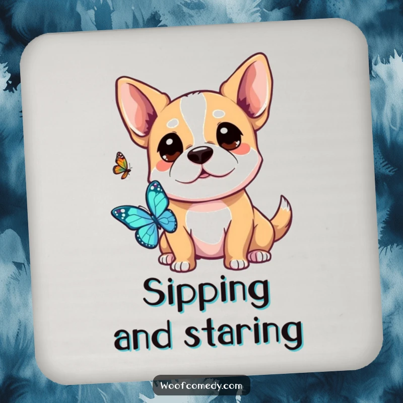 Funny Kawaii Dog Coaster: A cute dog curiously watching a butterfly, protecting your tables with gentle humor.
