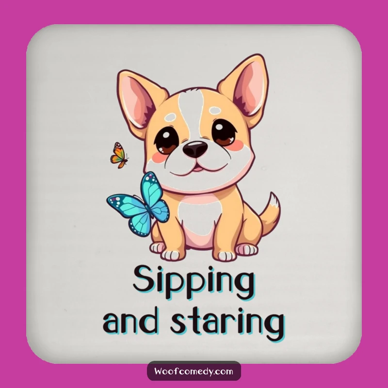 Funny Kawaii Dog Coaster - Curious Butterfly Watch, Protect Surfaces