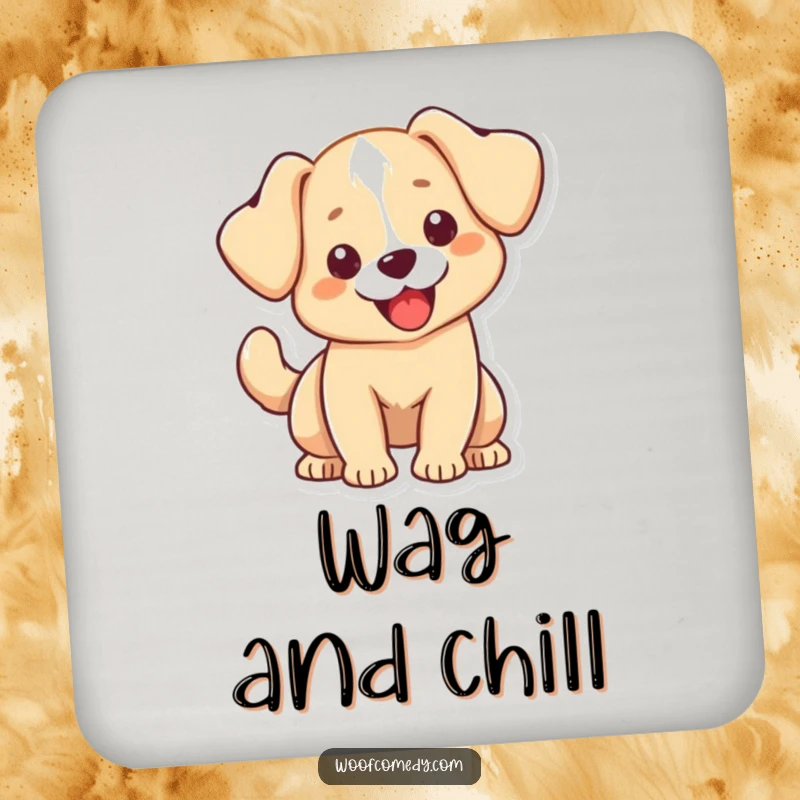 Funny Kawaii dog coaster showing a cute dog with floppy ears, its tail wagging exuberantly, protecting surfaces with an adorable and cheerful design.