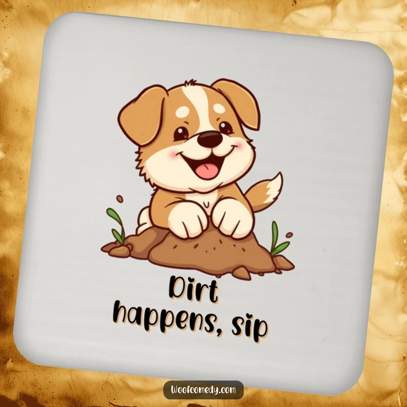 Funny kawaii dog coaster featuring a determined pup joyfully digging in dirt, adding a humorous touch to drink protection.