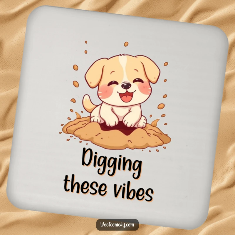 Funny drink coaster with a kawaii dog joyfully digging, dirt flying, a small but hilarious addition to any drink setup.