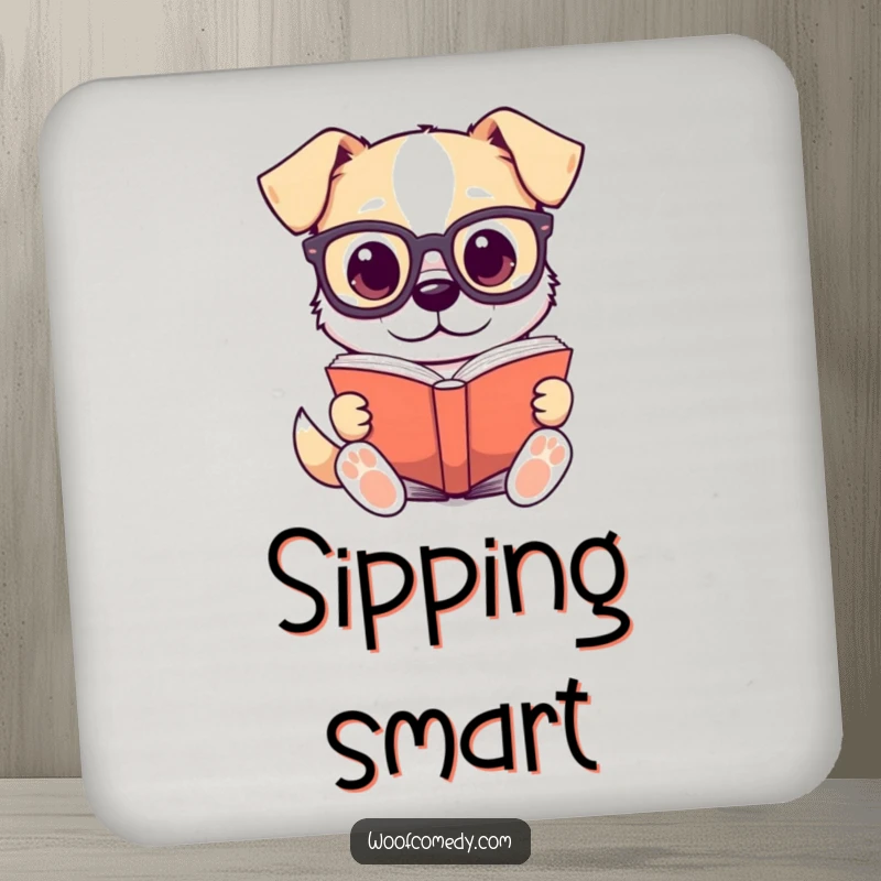 Funny drink coaster with a kawaii dog wearing tiny glasses reading a large book, a small but wise addition.