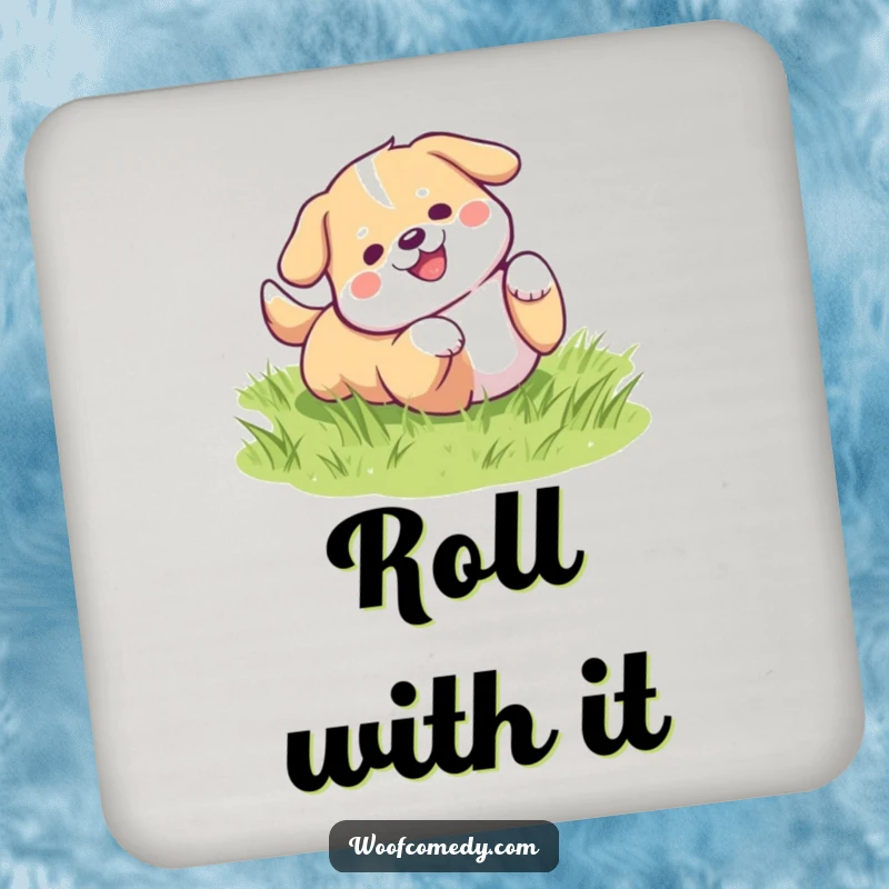Funny kawaii dog rolling on green grass drink coaster, a cute and humorous gift.