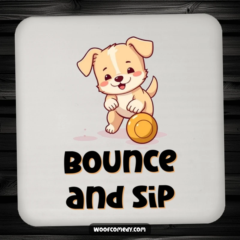 Funny drink coasters depicting a small dog with a wagging tail fetching a bouncing ball, protecting surfaces with playful charm.
