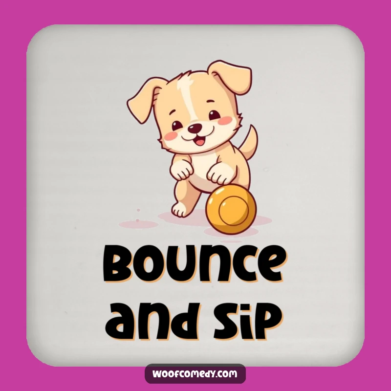 Funny Little Dog Ball Fetching Coaster Set: Active Wagging Tail Pup Protection