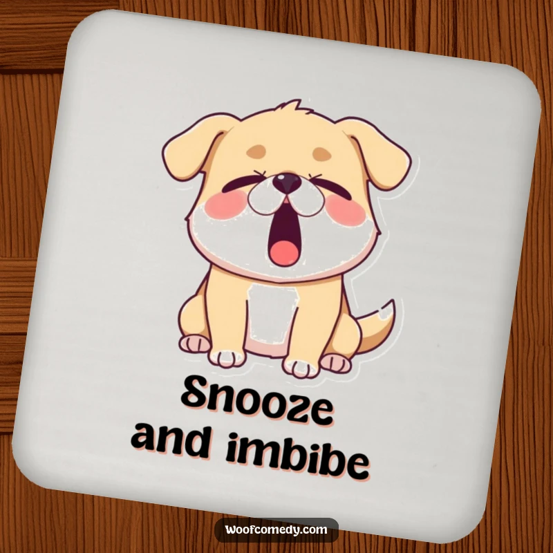 Funny sleepy dog drink coasters featuring a dog yawning widely with eyes half-closed, protecting surfaces with humorous relatability and tiredness.