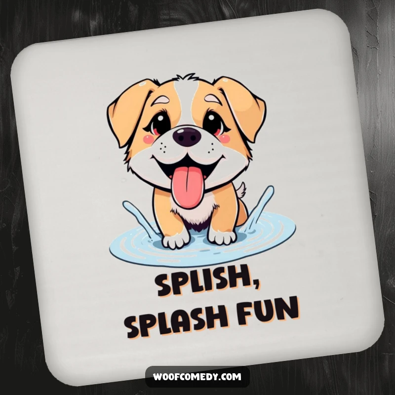 Funny dog happily splashing in a puddle, protective drink coaster, cheerful accessory, funny gift.