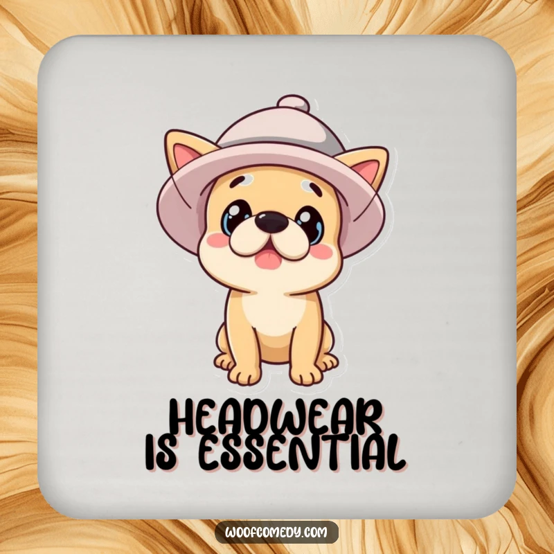 Funny surprised dog wearing a large hat, protective drink coaster, hilarious home accessory, funny gift.