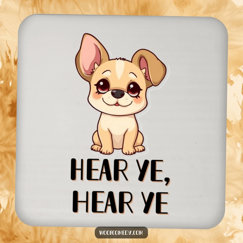 Funny floppy ear dog coaster with a pup tilting its head curiously, protecting surfaces with cute humor.