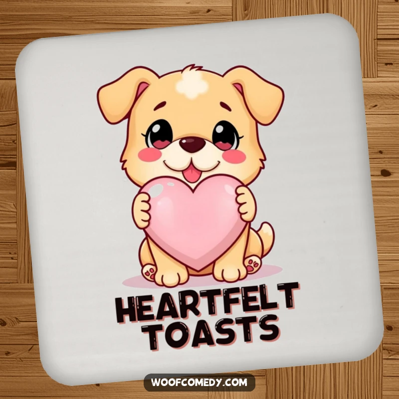 Funny loyal dog offering a glowing heart, protective drink coaster, symbol of love, funny gift.