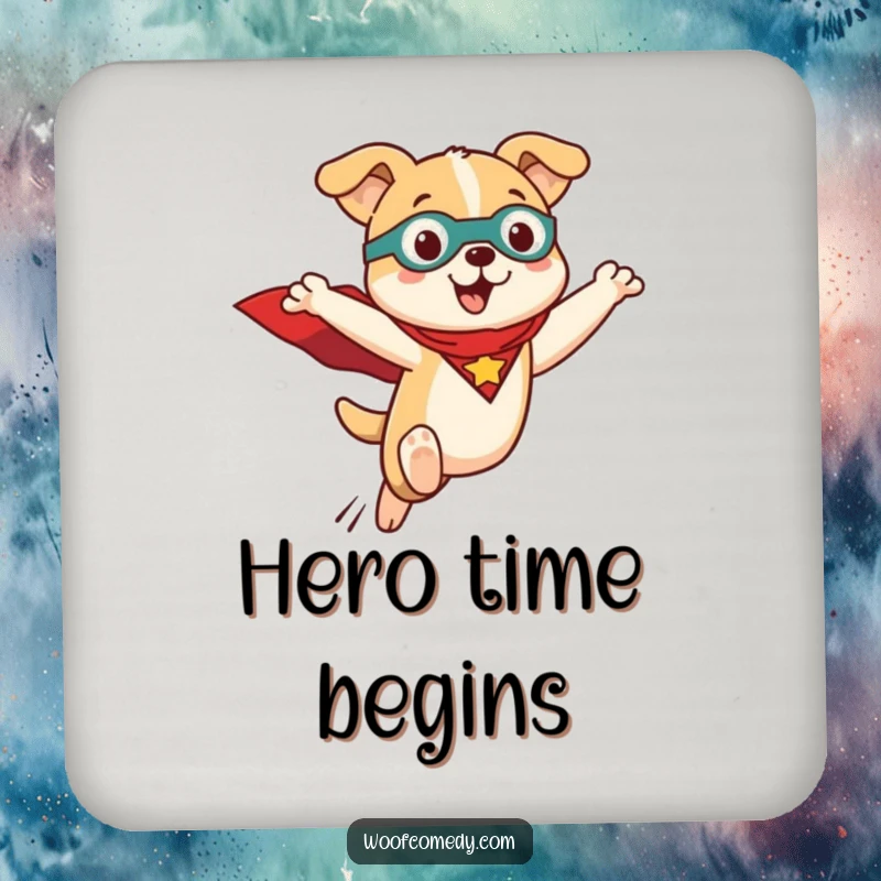 Funny Kawaii dog coaster set with a cute dog in a superhero cape, mid-leap. Protects surfaces with charm. Cork-backed.