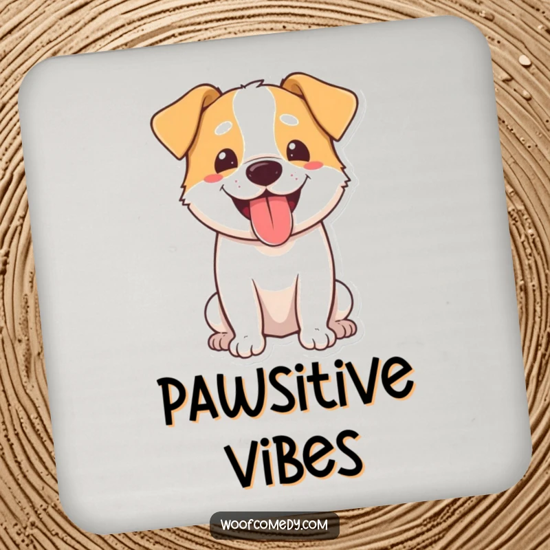 Funny dog coaster set featuring a happy dog panting with its tongue lolling out, a humorous addition to any table.