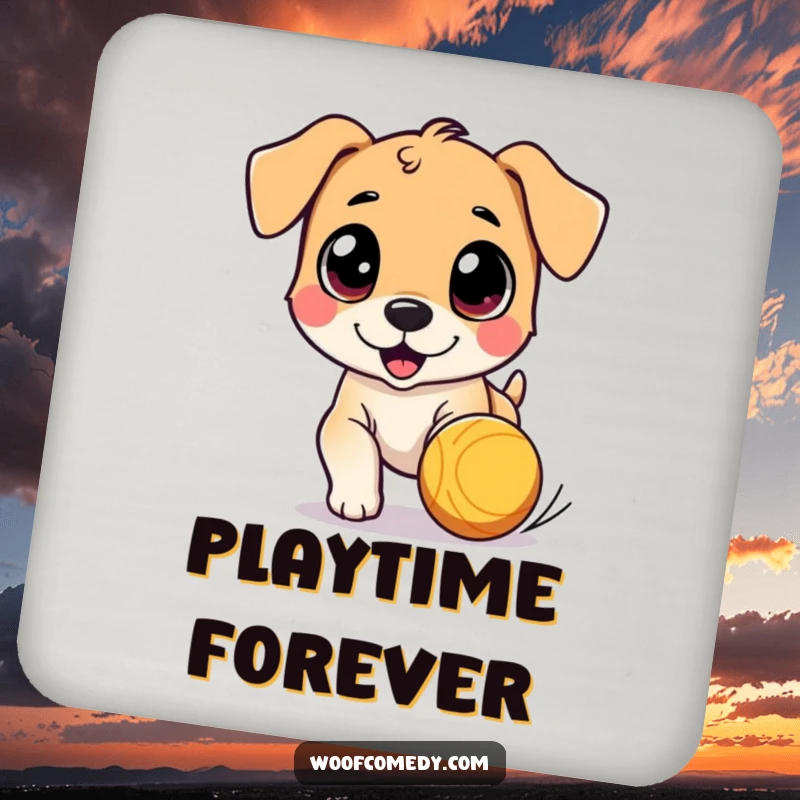 Funny drink coaster featuring a cute dog character with wide eyes, chasing a bouncing ball, adding a humorous and protective touch.