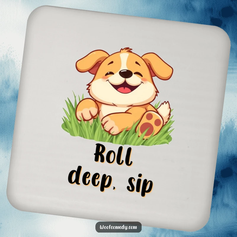 Funny drink coaster with a happy dog, wide goofy grin, rolling around in soft grass.