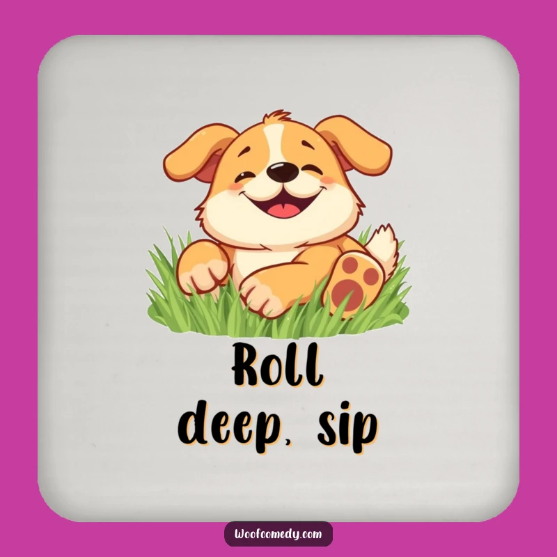 Funny Happy Dog Drink Coaster: Protect Surfaces with This Hilarious Grass-Rolling Design!