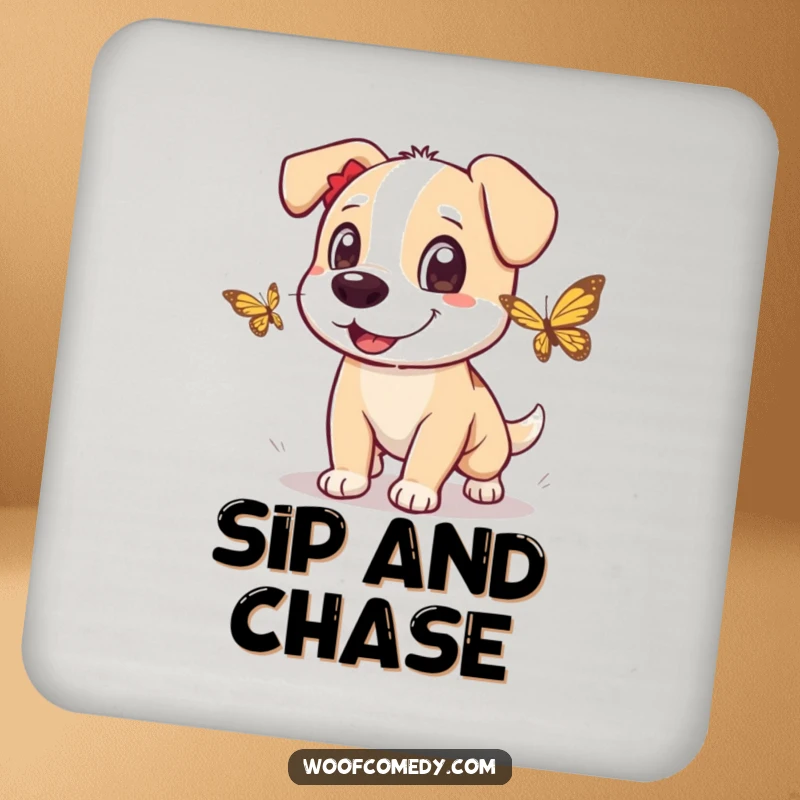 Funny dog coaster set featuring an excited dog chasing a butterfly with playful eyes, a humorous addition to any table.