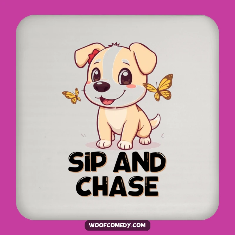 Funny Dog Butterfly Chase Coaster Set: Playful Art, Hilarious Home Decor, Gift