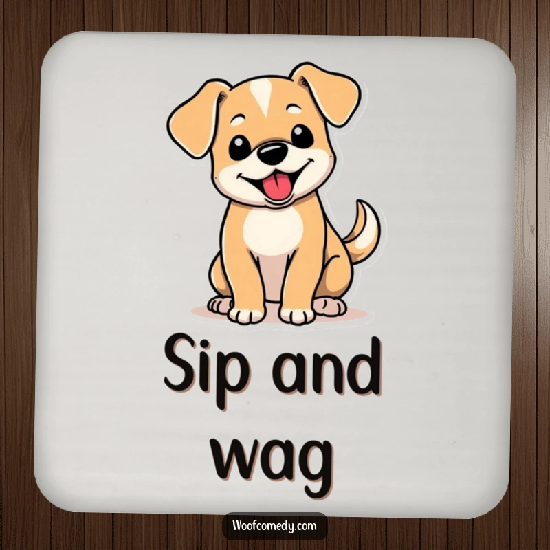 Funny drink coasters showing a cute dog with floppy ears and a happily wagging tail, bringing charm to any table.