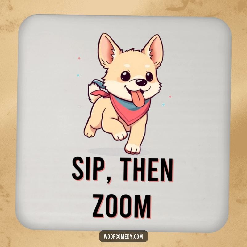 Funny kawaii dog in a bandana, humorously running with its tongue lolling out on a cute drink coaster.