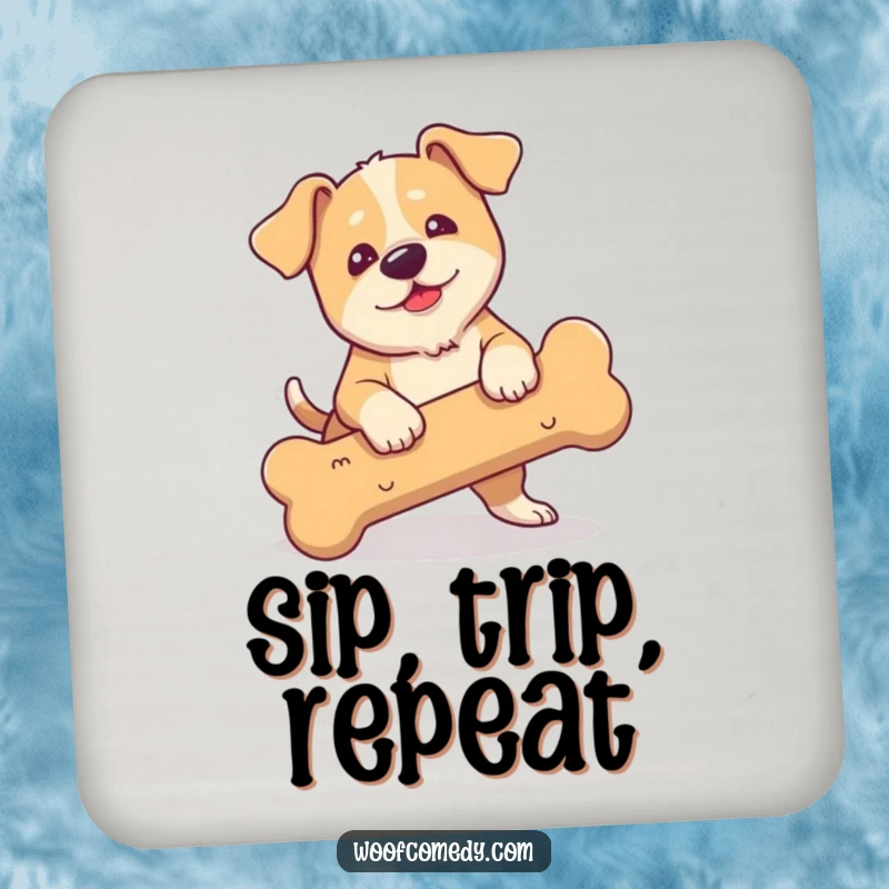 Funny drink coaster with a clumsy dog with floppy ears tripping over a large bone.