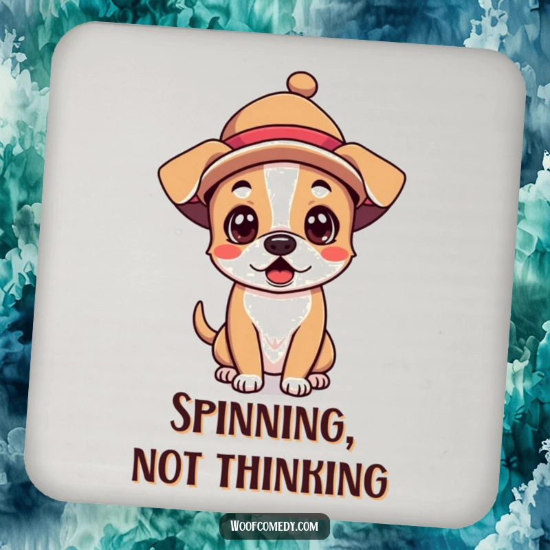 Funny Kawaii Dog Coaster: A cute dog wearing a funny hat, looking surprised, protecting your tables with humor.