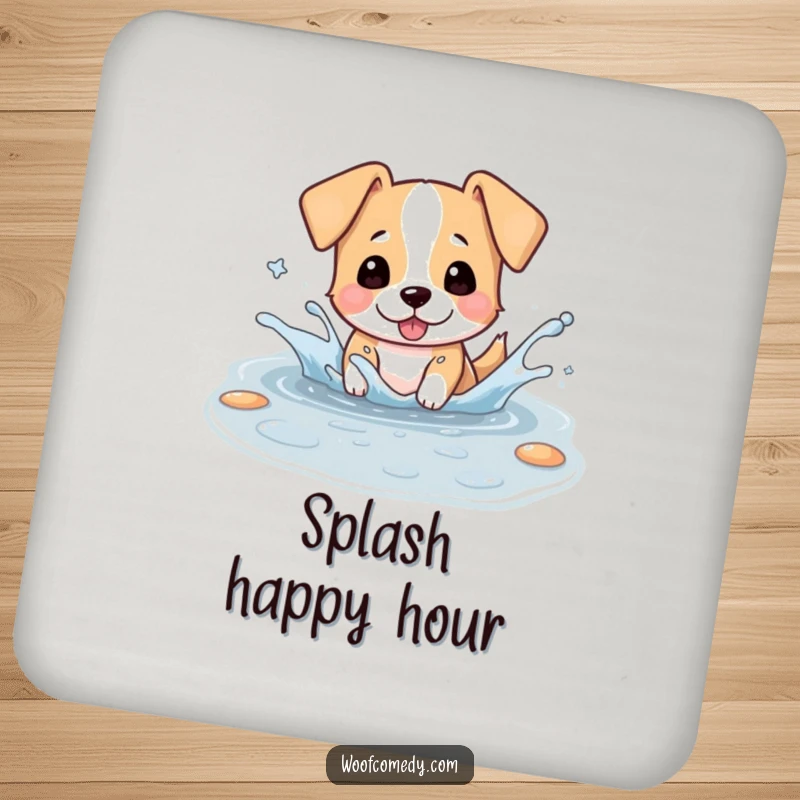 Funny drink coaster with a kawaii dog playfully splashing in a puddle, ears flapping, a small but fun accessory.