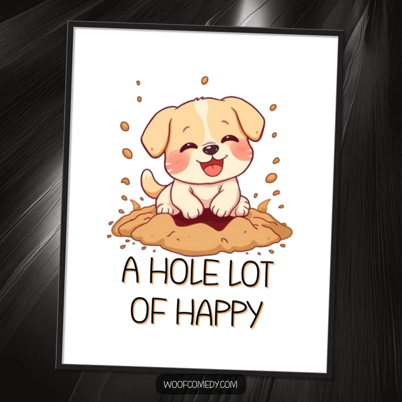 Funny poster of a kawaii dog joyfully digging a hole, dirt flying everywhere, a vibrant and humorous piece of art.