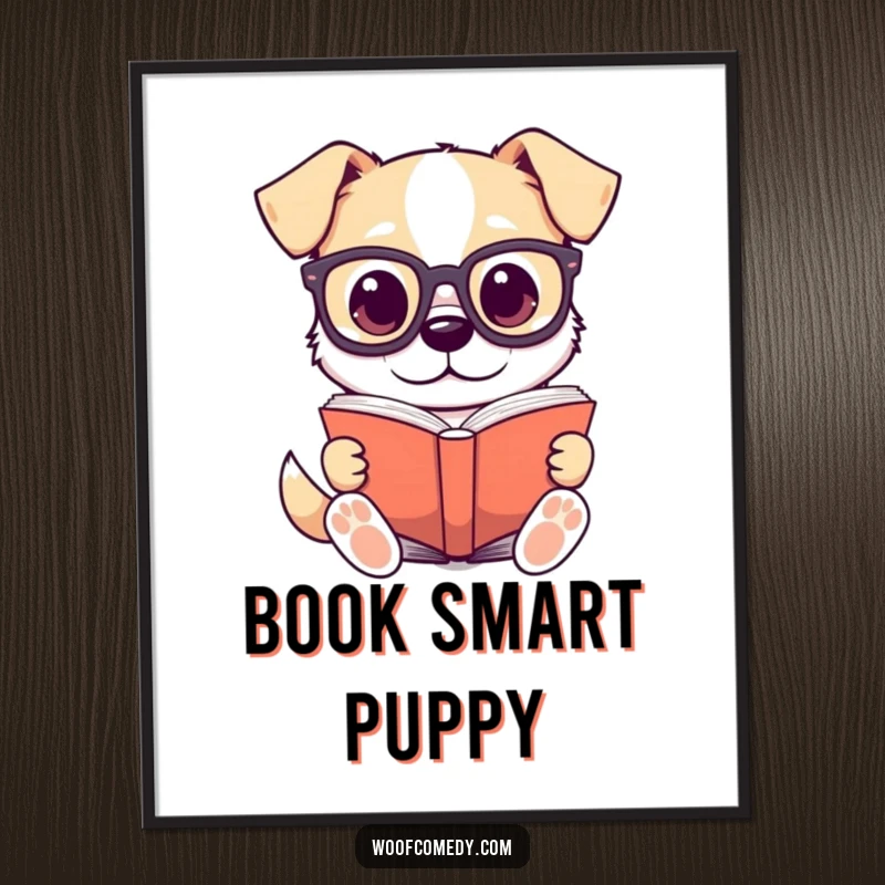 Funny poster of a kawaii dog wearing tiny glasses, engrossed in reading a large book, a celebration of knowledge and pets.