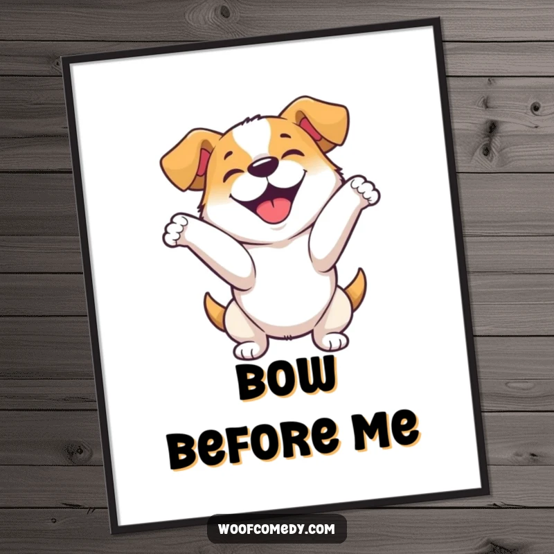 Funny poster art of a happy dog performing an enthusiastic, playful bow, capturing a moment of joyful performance.