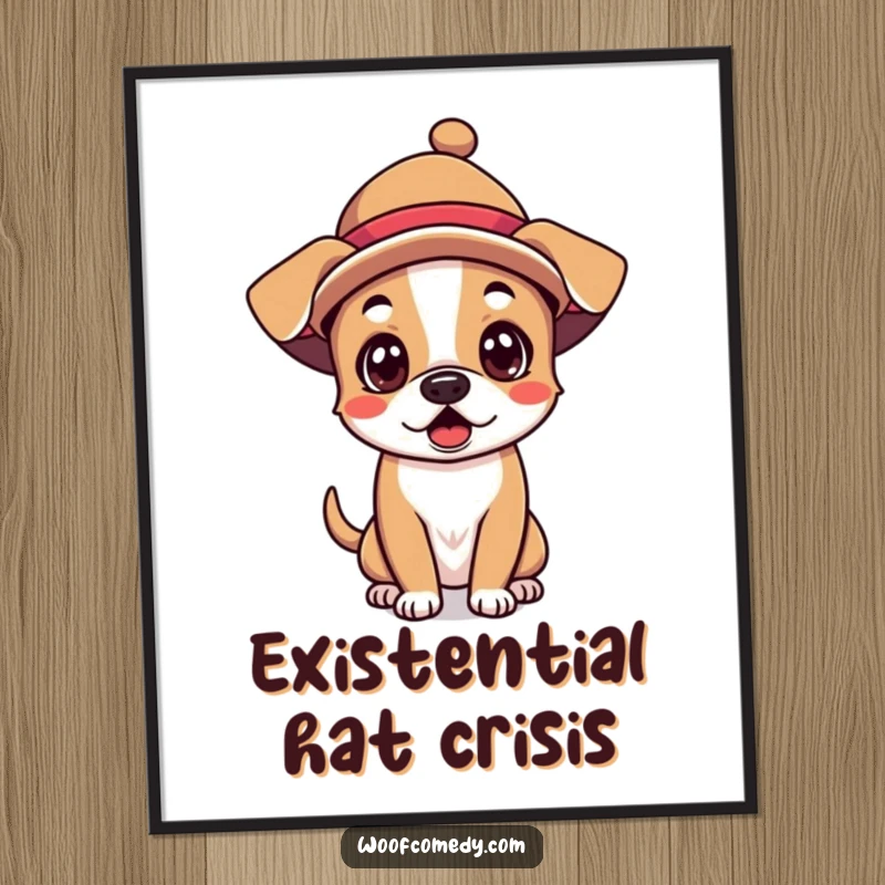 Funny Kawaii Dog Poster: A wide-eyed puppy in a comical hat, captured in a moment of hilarious surprise, ideal for wall decor.