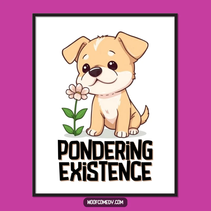 Funny Curious Dog Tilted Head Poster - Cute Sniffing Flower Wall Art