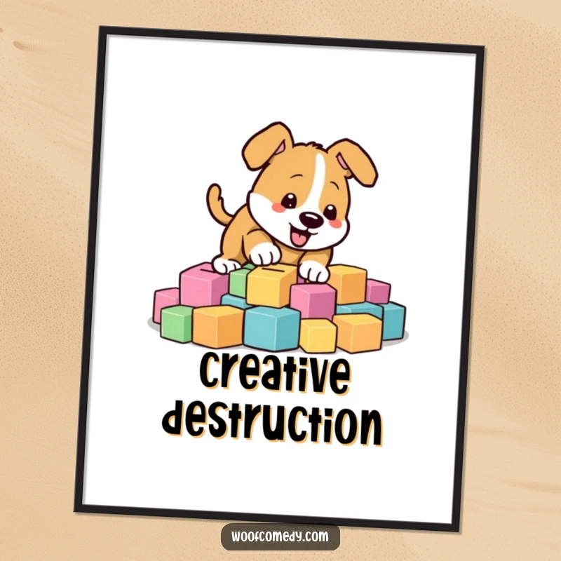 Funny energetic dog digging in a pile of colorful blocks, vibrant art print, playful wall decor, funny gift.