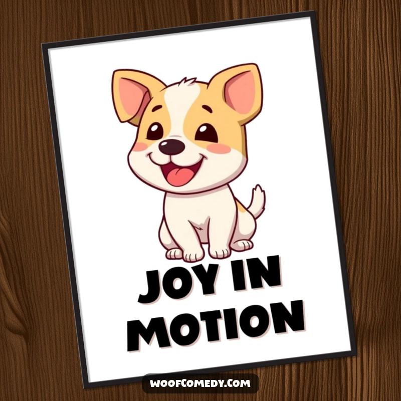Funny dog wagging tail poster capturing the dynamic motion of a happy dog's tail, conveying pure exhilaration and playful spirit.