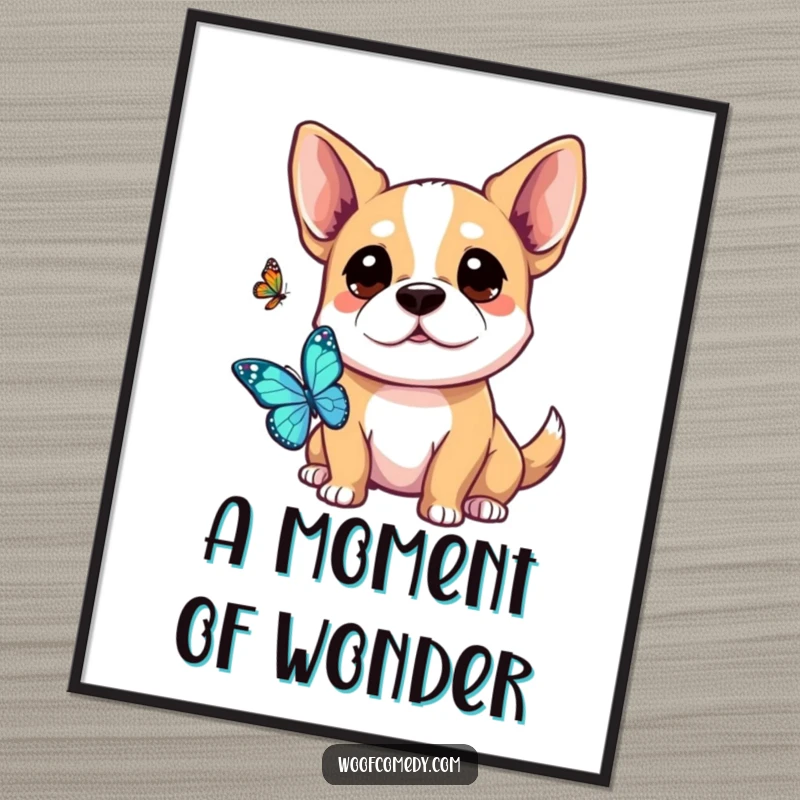 Funny Kawaii Dog Poster: A kawaii dog with perked ears, gazing curiously at a butterfly, evoking peaceful wonder.