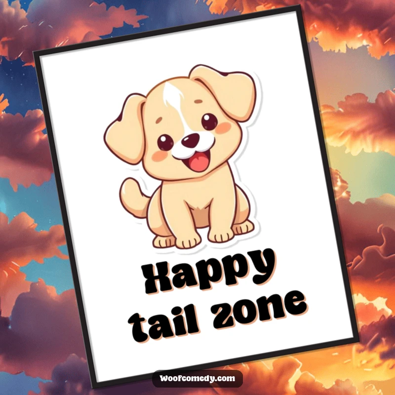 Funny Kawaii dog poster art featuring a cute dog with floppy ears, its tail wagging exuberantly, radiating happiness and playful energy. Wall decor.