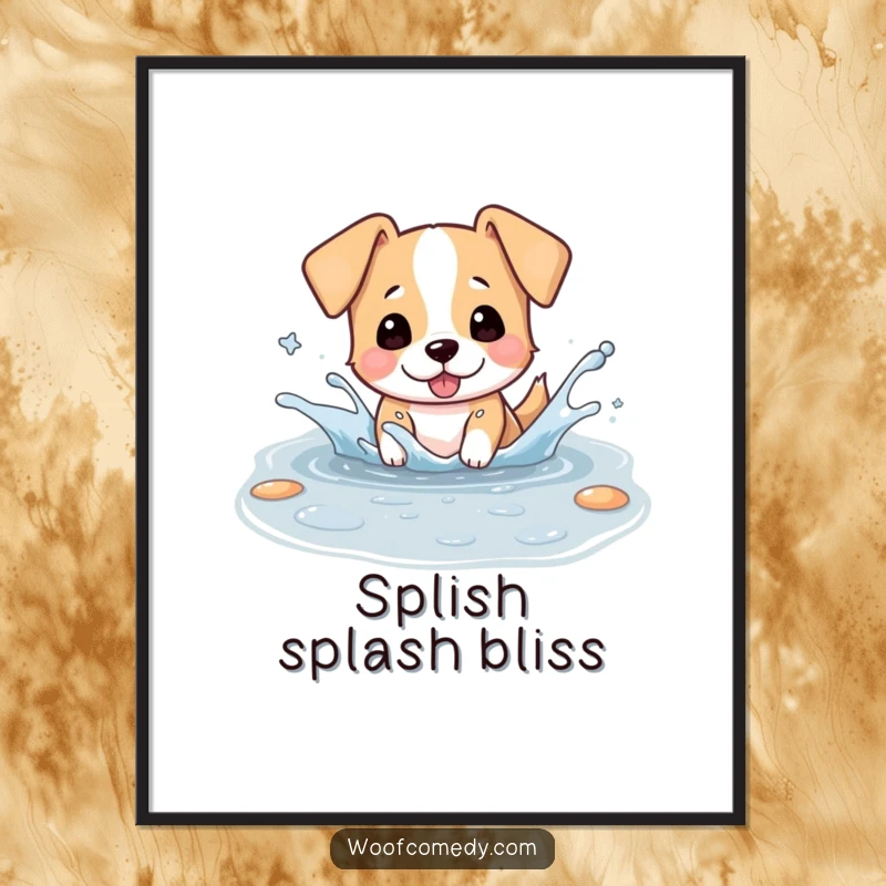Funny poster of a kawaii dog playfully splashing in a puddle, ears flapping, a vibrant and humorous piece of art.