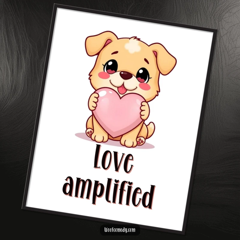 Funny loyal dog offering a giant glowing heart, loving gaze, heartwarming art print, funny gift.