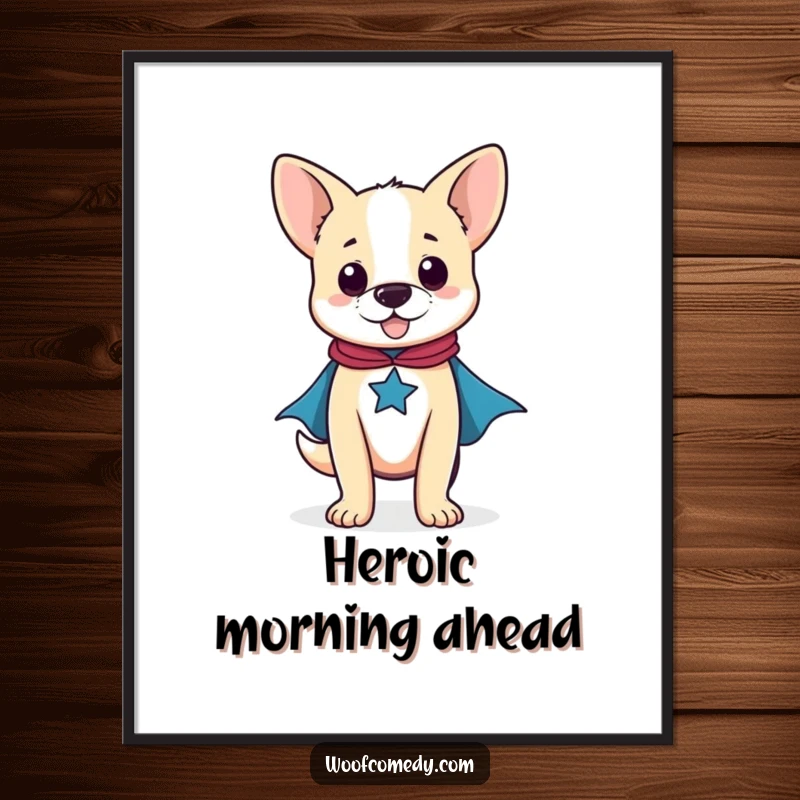 Funny poster art of a proud dog standing as a superhero, complete with a small, flowing cape.