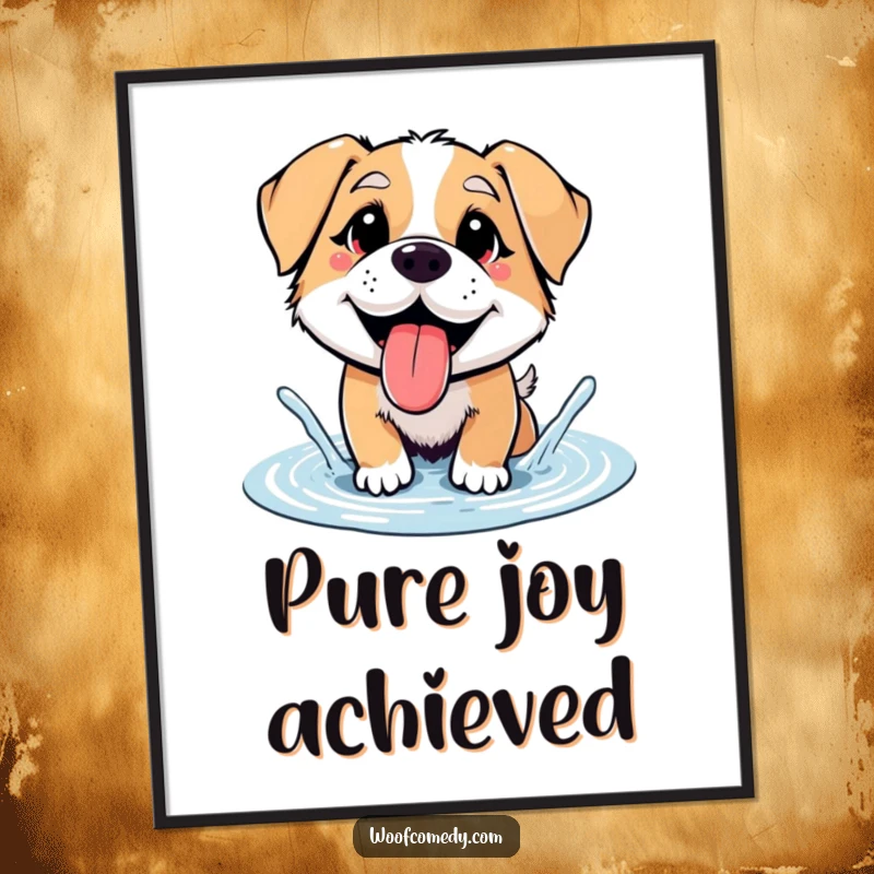 Funny dog gleefully splashing in a puddle, tongue out, joyful art print, funny gift.