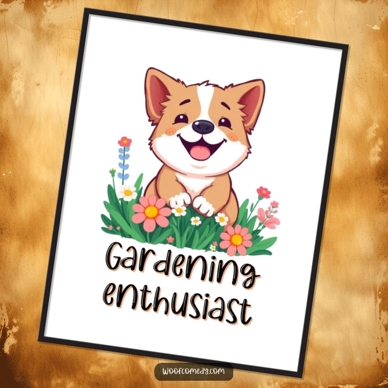 Funny smiling dog poster depicting a happy dog enthusiastically digging in a flower bed, radiating playful garden joy.