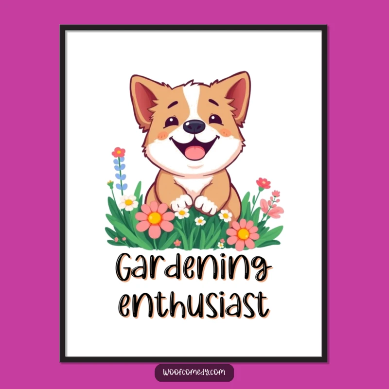 Funny Smiling Dog Flower Poster: Joyful Digging Pup Art for Cheerful Walls