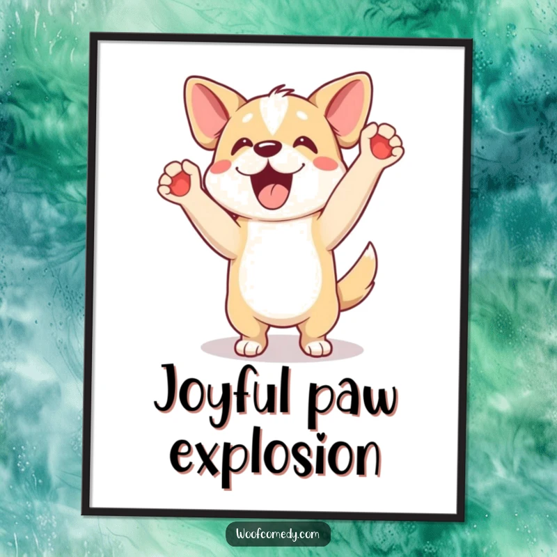 Funny poster of an excited dog doing a happy dance with paws up, vibrant humorous wall art gift.