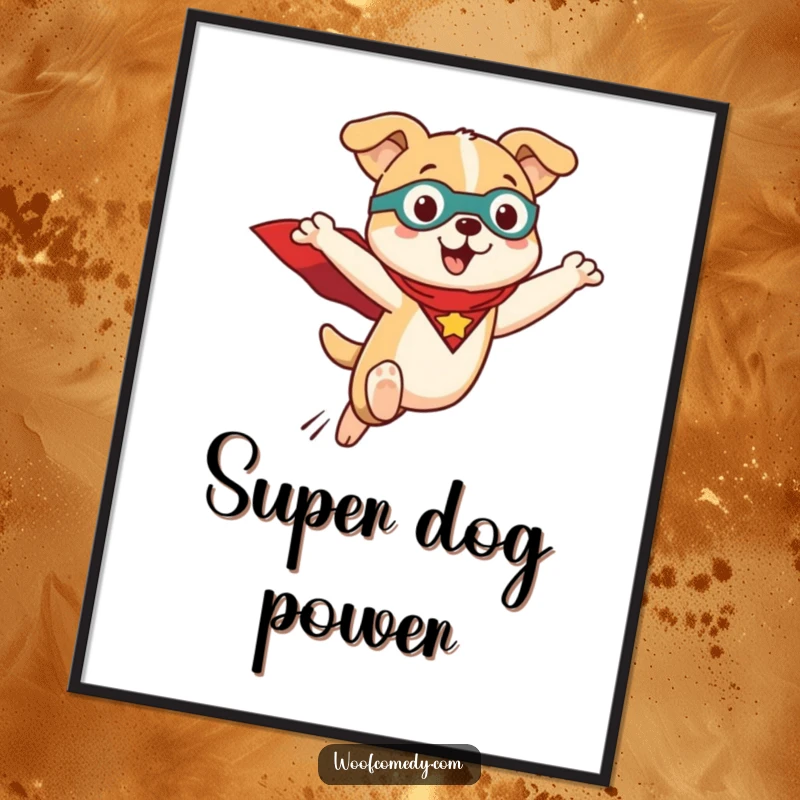Funny Kawaii dog poster featuring a cute dog wearing a superhero cape, mid-leap. High-quality print for vibrant display.