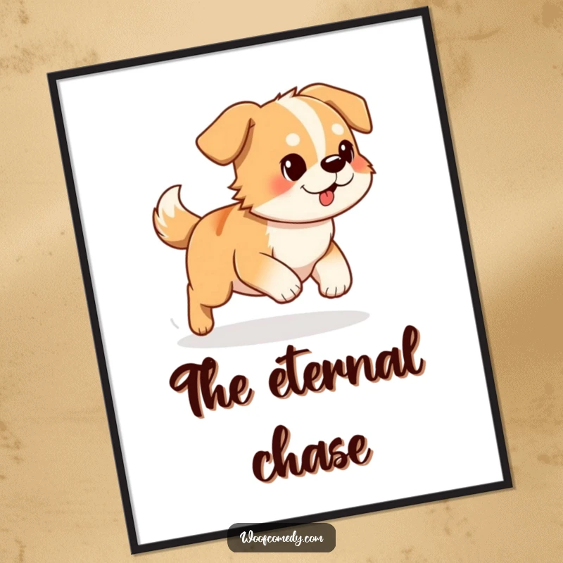 Funny Dog Poster: A determined dog in a comical loop, hilariously chasing its own tail, perfect for humorous wall art.