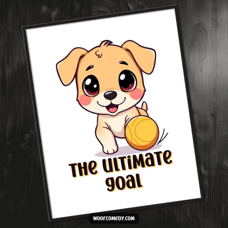Funny poster art of a cute dog character with wide eyes, energetically chasing a bouncing ball, capturing pure playful delight.