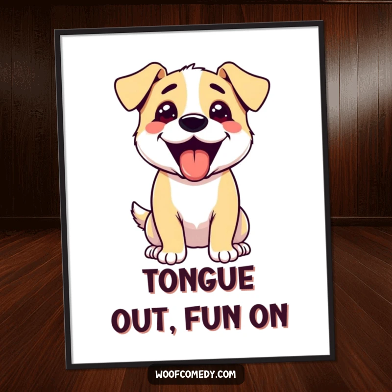 Funny poster of an excited dog panting with its tongue out, capturing a moment of pure, ecstatic canine happiness.